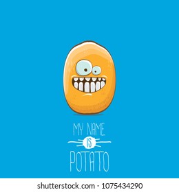 cool tiny potato cartoon character isolated on blue background. My name is potato vector concept illustration. funky summer vegetable food character