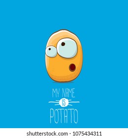 cool tiny potato cartoon character isolated on blue background. My name is potato vector concept illustration. funky summer vegetable food character