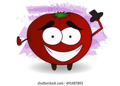 Cool tomato character illustration in comic style holding black hat in one hand and thumb up on the other hand on abstract watercolor splashes backdrop.