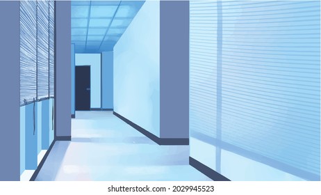 Cool Tone Hallway In Anime Style, Light Blue Cartoon Background, Office, Game BG, Office With Curtain, Light Through The Window  