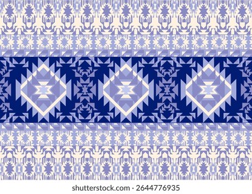 Cool toned geometric ethnic tribal pattern in shades of blue and cream. Designed for unique clothing, upholstery for furniture, background, wrapping, decoration.