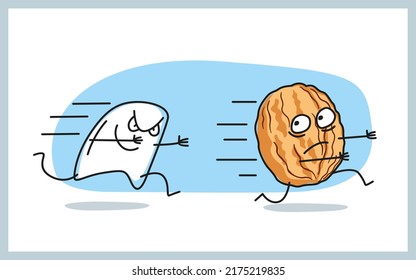 A cool tooth is chasing a walnut. Funny illustration for a children's dental clinic