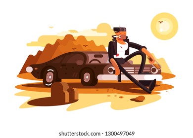 Cool Tough Guy Sitting On Car And Smoking. Desert And Sunset Vector Illustration. Male In Black Suit With Bottle Of Alcohol Flat Style Concept. Isolated On White