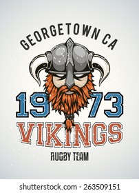 Cool and tough sports team vector logo with a brutal viking warrior with a horned helmet and a red beard. Sample text goes around the badge.