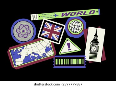 Cool Travel Sticker Pack. Set of cool travel London patches vector design. Retro tags. Traveling old tickets flight labels stamps. Vector set of London symbols