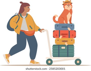 
Cool traveler with luggage and stylish dog, airport trip, vacation adventure, pet-friendly travel, fun journey, modern tourism, travel buddy, flying with pet. Flat vector illustration