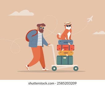 
Cool traveler with luggage and stylish dog, airport trip, vacation adventure, pet-friendly travel, fun journey, modern tourism, travel buddy, flying with pet. Flat vector illustration