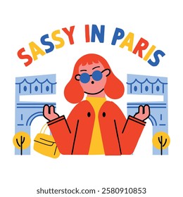 Cool traveller woman with sassy in paris text, flat sticker 
