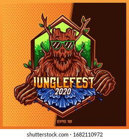 Cool Tree monster esport and sport mascot logo design in modern illustration concept for team badge emblem and thirst printing. Jungle fest illustration on Yellow Gold Background. Vector illustration