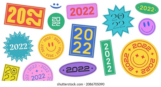 Cool Trendy 2022 Stickers Collection. Happy New Year Background with Patches. Vector Badges.