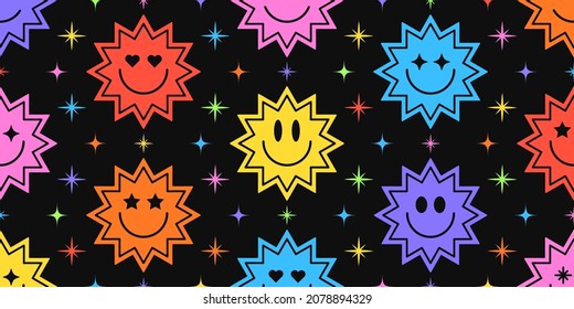 Cool Trendy Abstract Background With Smile Stickers. Colorful Patches Pattern.