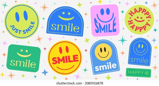 Cool Trendy Abstract Background with Smile Stickers. Emoji Patches Vector Design. Happy Pins Collection.