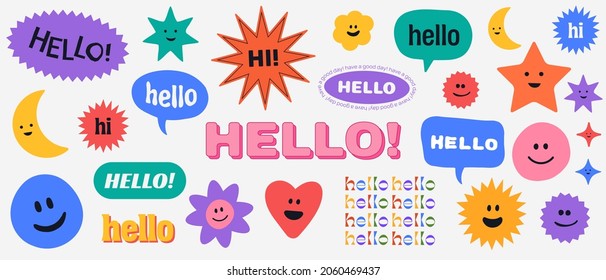 Cool Trendy Abstract Background with Stickers, Pins, Patches and Badges. Hello Banner Vector Illustration. Funny Comic Emoji Shapes. Cool Cute Faces.