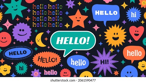 Cool Trendy Abstract Background with Stickers, Pins, Patches and Badges. Hello Banner Vector Illustration. Funny Comic Emoji Shapes. Cool Cute Faces.