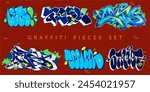 Cool Trendy Abstract Colorful Urban Graffiti Pieces Or Street Art Lettering Vector Illustration Set