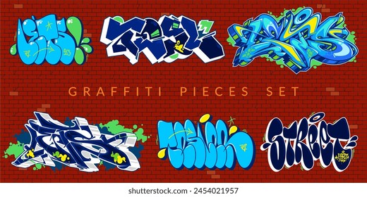 Coole trendige Abstrakte bunte Urbane Graffiti-Stücke oder Street Art Schriftzug Vektorillustration Set