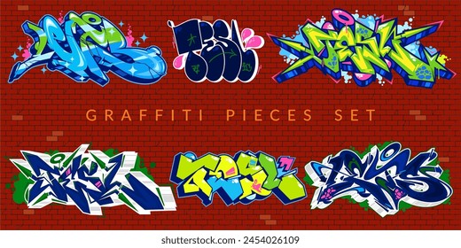 Cool Trendy Abstract Colorful Urban Graffiti Pieces Or Street Art Lettering Vector Illustration Set