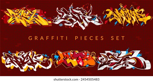 Cool Trendy Abstract Colorful Urban Graffiti Pieces Or Street Art Lettering Vector Illustration Set