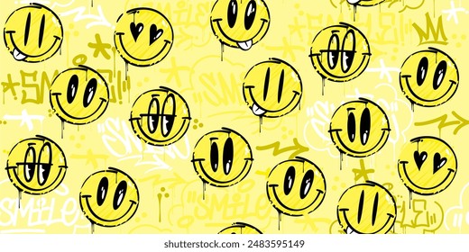 Cool Trendy Abstract Street Art Graffiti Style Happy Smiling Face Emoji Sticker Seamless Background