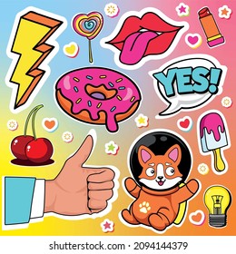 Cool, trendy background with bright, neon stickers with character of corgi dog, modern illustrations of cherry, donut, ice cream, lightning, red lipstick, hand gesture class, lollipop. Vector set.
