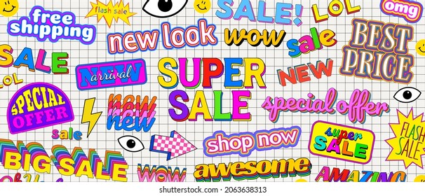 Cool Trendy Colorful Super Sale Promo Banner. Abstract Background with comic stickers.