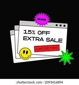 Cool Trendy Computer Window Illustration. 15% Off Sale Banner Vector Design. Vaporwave Artwork.