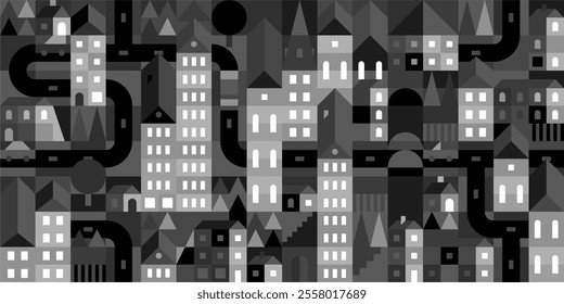 Cool Trendy Dark Abstract Seamless Vector Bauhaus Geometric City Pattern Design Background Template