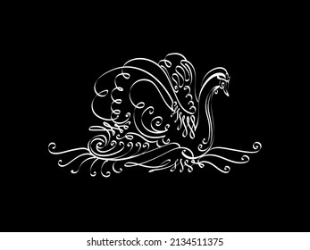 Cool and trendy decorative hand drawn swan bird in calligraphic style made with vector brush and isolated on black background. It beautiful white silhouette is suitable for any design or tipography.