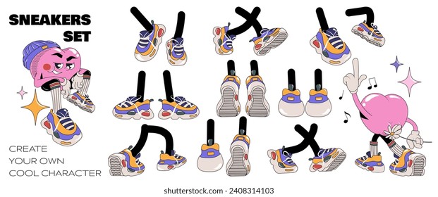 Cool trendy feet and boot vector collection. Cartoon feet in colored sneakers different poses, leg standing, walking, running, behind view. Isolated mascot footwear	