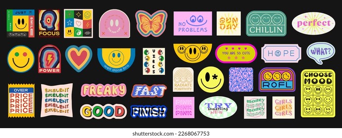 Cool Trendy Geometric Smile Stickers Set. Collection Of Groovy Patches. Pop Art Y2K Badges. Vector Emoticons.