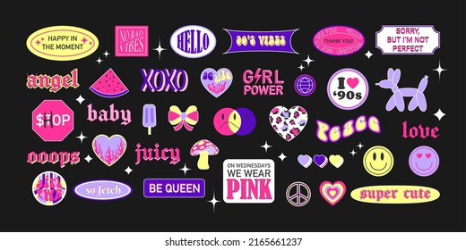 Cool trendy girly retro stickers with smile faces, cartoon comic label patches. Geek hipster vaporwave stickers in geometric shapes. Vector illustration of y2k , 90s graphic design badges