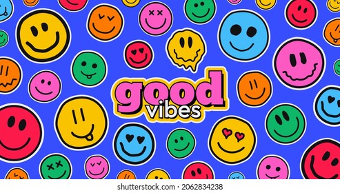 Cool Trendy Good Vibes Illustration Vector Design. Hand drawn Comic Smile Emoticons Collection. Abstract Background with Emoji Stickers. 