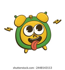 Cool trendy groovy character of alarm clock with retro texture. Isolated vector mascots in comic style on transparent background with Halftone dot texture for your design