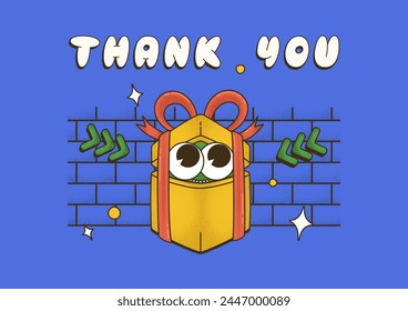 Cool trendy groovy promo character of gift box with lettering Thank You. Vector background with mascot in comic style with dot Halftone texture for your design banner, poster, advertising