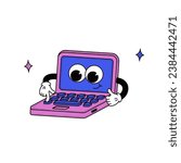 Cool trendy groovy sale promo character of laptop. Isolated vector mascot in comic cartoon style on transparent background for your design