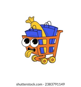 Cool trendy groovy sale protmo personaje del carrito de la tienda con bolsas. Mascota vectorial aislada en estilo de historieta sobre fondo transparente para tu diseño