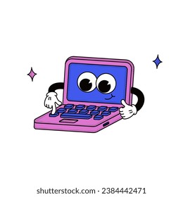 Cool trendy groovy sale promo character of laptop. Isolated vector mascot in comic cartoon style on transparent background for your design