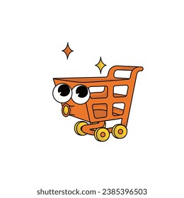 Cool trendy groovy sale promo character of shop cart. Isolated vector mascot in comic cartoon style on transparent background for your design