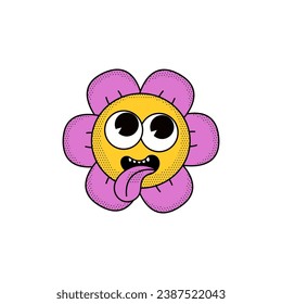 Cool trendy groovy sale promo character of daisy flower. Isolated vector mascot in comic cartoon style on transparent background for your design