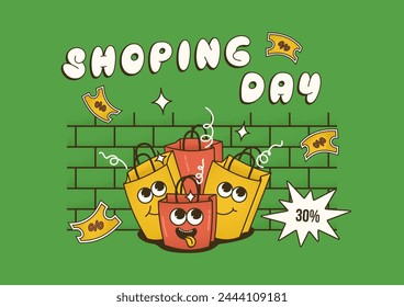 Cool trendy groovy sale promo character of shop bag with lettering Shopping Day. Vector background with mascot in comic style with dot Halftone texture for your design banner, poster, flyer