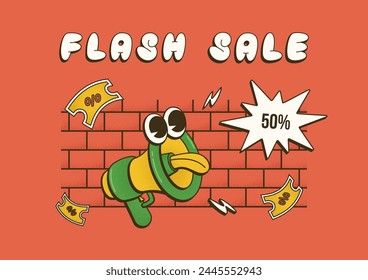 Cool trendy groovy sale promo character of speaker with lettering Flash Sale. Vector background with mascot bullhorn in comic style with dot Halftone texture for your design banner, poster,advertising