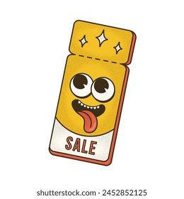 Cool trendy groovy sale promo character of coupon with retro texture. Isolated vector mascots in comic style on transparent background with Halftone dot texture for Black Friday or discounts program