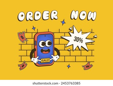 Cool trendy groovy sale promo character of smartphone with lettering Order Now. Vector background with mascot cellphone in comic style with dot Halftone texture for your design banner, poster, flyer