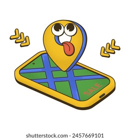 Personaje promocional de moda genial venta de moda de geo pin en el teléfono con textura retro. Mascotas de Vector aisladas en estilo cómico sobre fondo transparente con textura de punto de semitono para su diseño