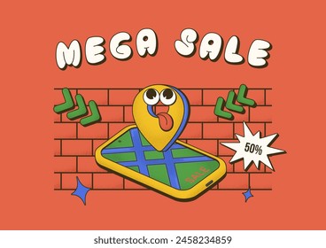 Cool trendy groovy sale promo character of pin locate on map with lettering Mega Sale. Vector background with mascot in comic style with dot Halftone texture for your design banner, poster, flyer