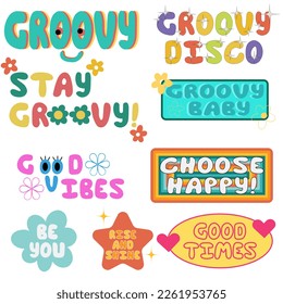Cool trendy groovy stickers. Pop Art funky cute patches. 
