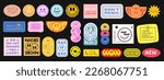 Cool Trendy Groovy Stickers Set. Collection of Y2K Patches Vector Design. Pop Art Badges. Smile Emoticons.