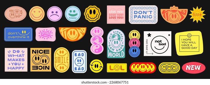 Cool Trendy Groovy Stickers Set. Collection of Y2K Patches Vector Design. Pop Art Badges. Smile Emoticons.
