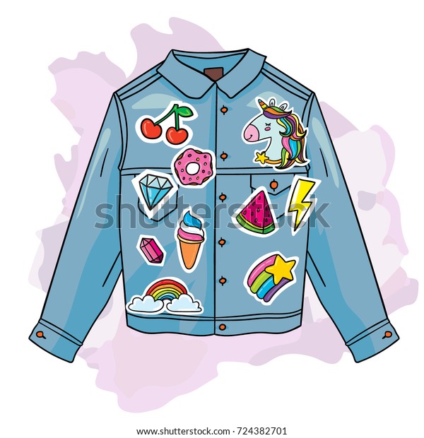 Cool Trendige Jeans Jacke Mit Modecartoon 80er 90er Stock Vektorgrafik Lizenzfrei