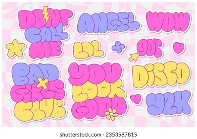 Cool Trendy lettering Stickers set With Various cool 90s girly Phrases. Vector hand drawn y2k typograghic illustration.